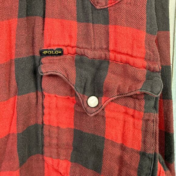 Ralph Lauren Polo Country Plaid Pearl Snap Shirt THRASHED Red Vintage XXL Retro - Picture 9 of 10